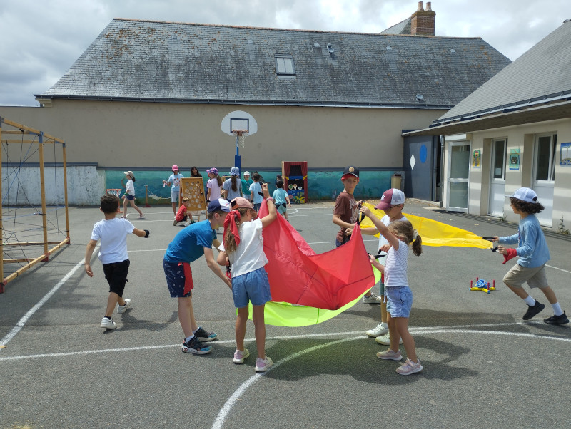 jeu coopératif des parachutes - équipes enfants
